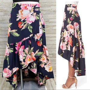 Eliza J Floral Faux Wrap Ruffle High Low Navy Pink Skirt 8